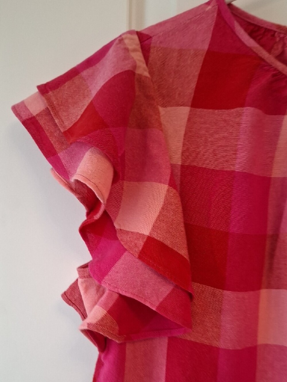 Kate Spade Pink & Red Gingham Ruffle Blouse Short Sleeve Top Linen Viscose - Picture 7 of 16